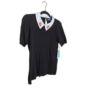 Cece Embroidered Poppy Fields Collar Top Short Sleeve Pullover Black Womens Sz L